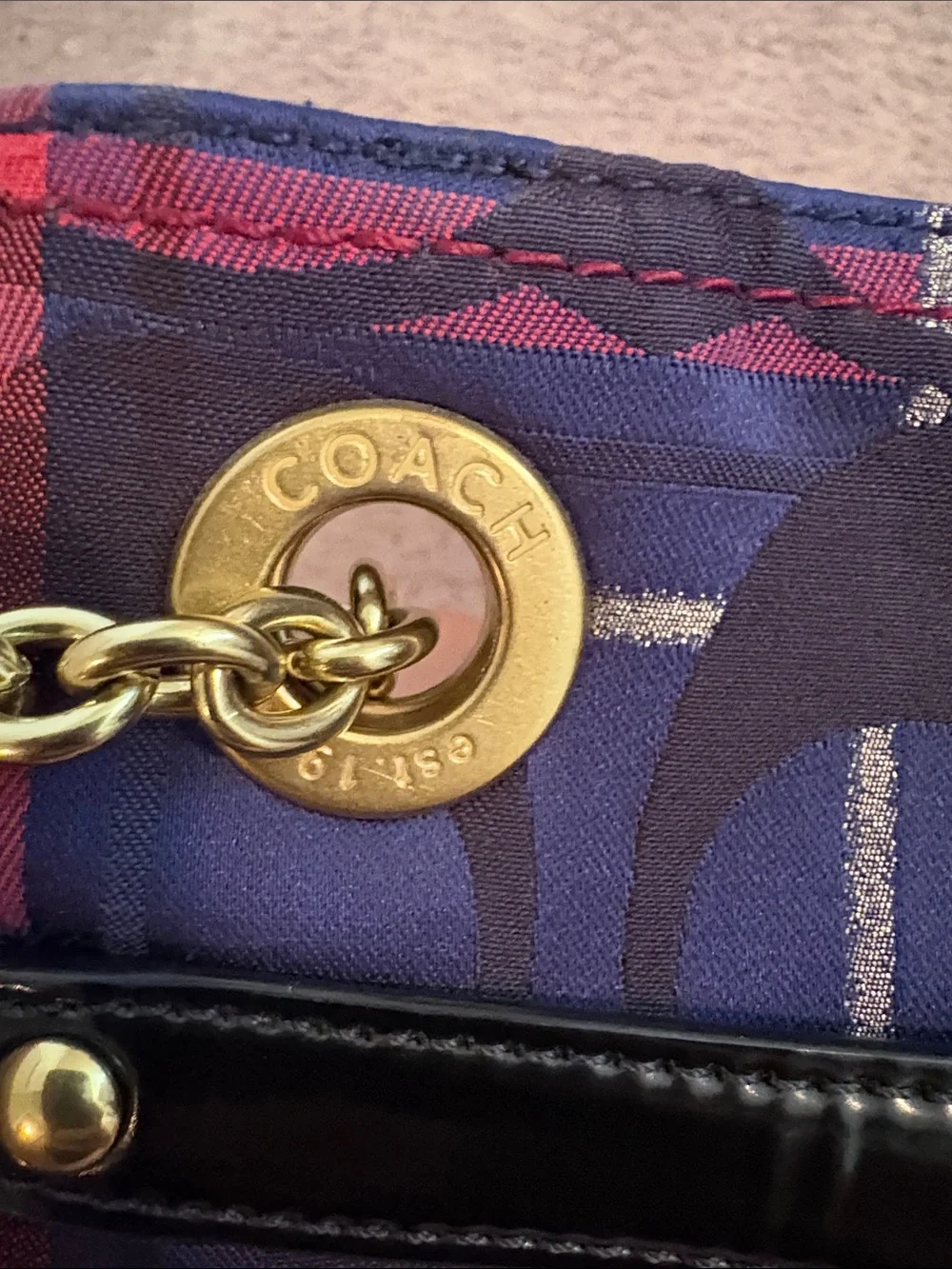 Coach Poppy Tartan Navy and Pink Plaid Signature Chain Slim Tote